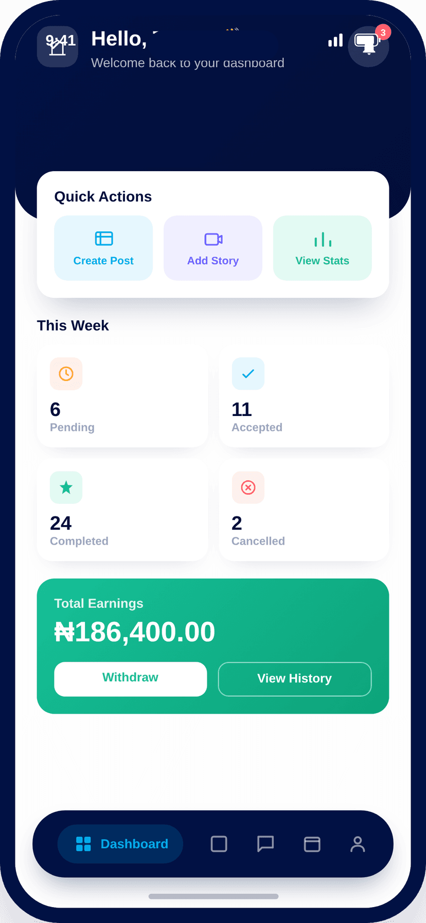 Provider dashboard showing bookings and earnings